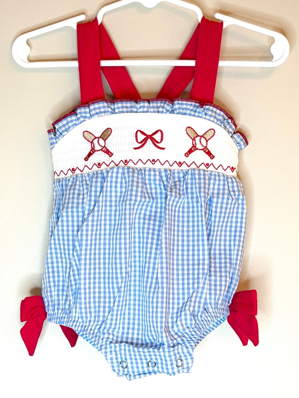 NWT Rylee Faith Baby Girl 3M Patriotic Baseball Smocked Bubble Gingham Boutique